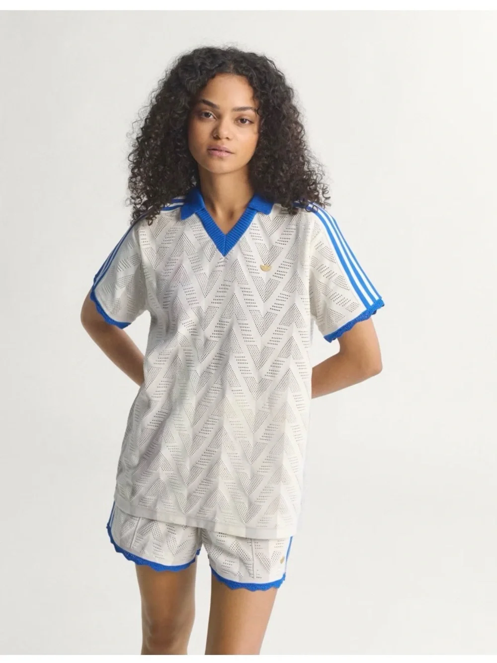 adidas White Grey Striped Knit Polo Jersey Top with Blue Rib Trim